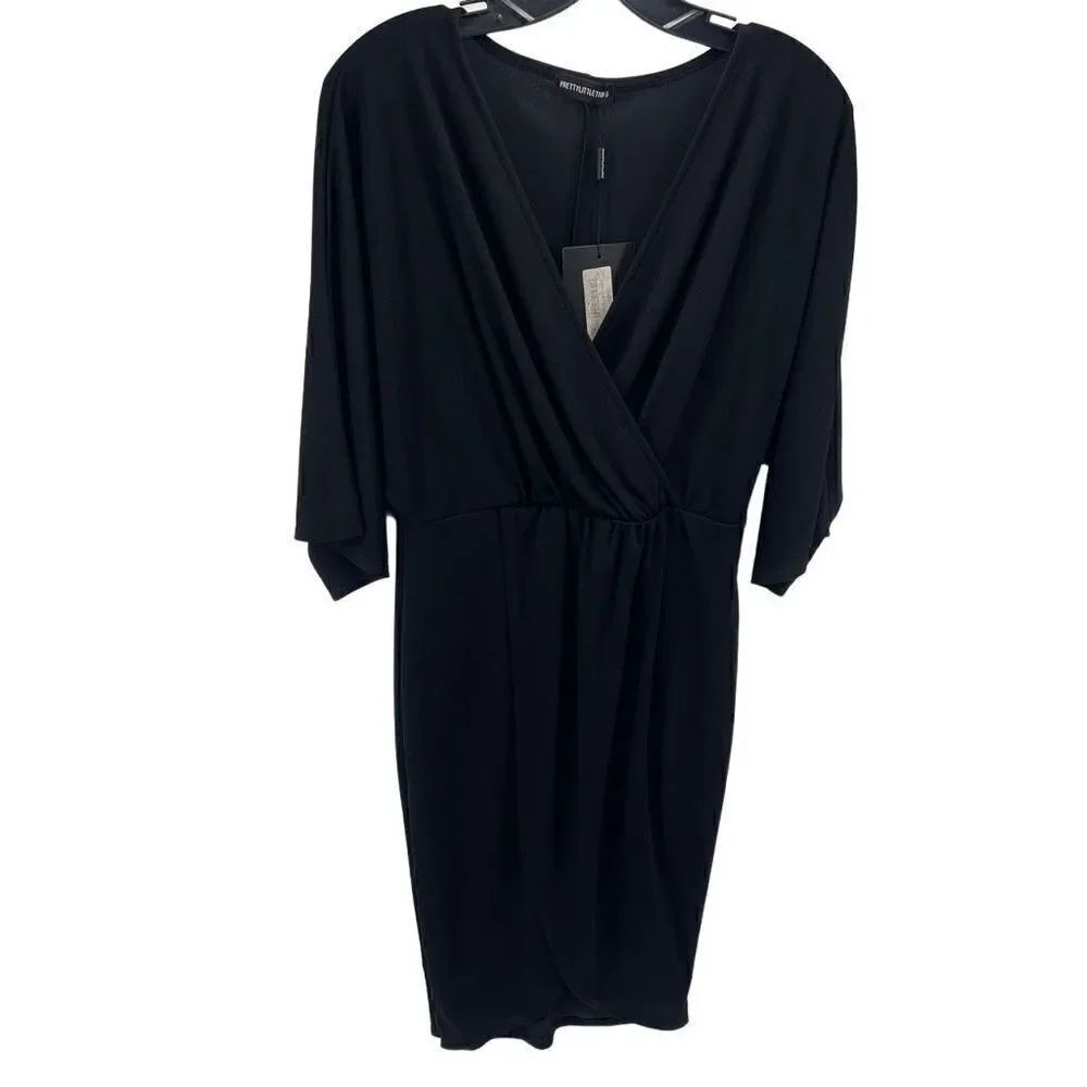 Pretty Little Thing Shift Dress Cocktail deep V Neck Wrap Stretch Black NEW 8